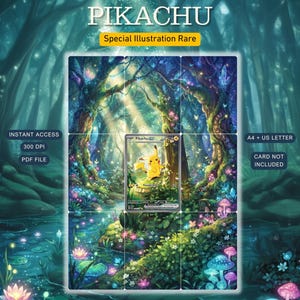 Puede incluir: Un conjunto digital de 9 tarjetas de arte extendido para carpeta con una ilustración de Pikachu. El diseño incluye el texto Mega Evolution Ascended Heroes, Pikachu, Special Illustration Rare, Instant Access, 300 DPI, PDF File, A4 + US Letter, Card Not Included y Pokemon Art Wild Chase.