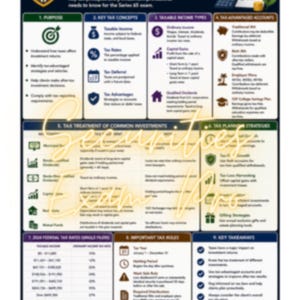 Puede incluir: Una infografía educativa titulada S65: TAX CONSIDERATIONS, que presenta nueve secciones detallando principios fiscales para el examen Series 65. El gráfico incluye texto sobre ingresos imponibles, cuentas con ventajas fiscales y tasas impositivas.