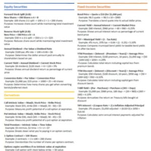 Puede incluir: Un documento titulado Series 65 Essential Math Concepts and Equations, organizado en tres columnas: Equity Securities, Fixed-Income Securities y Derivatives. Enumera fórmulas, ejemplos y propósitos para cálculos financieros.