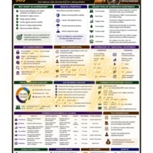 Puede incluir: Una infografía educativa titulada Series 65: Alternative Investments, con un encabezado oscuro que muestra un faro y una brújula. El gráfico contiene secciones organizadas con texto, iconos y tablas que detallan estrategias de inversión, riesgos y roles de cartera.