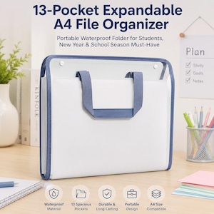 May include: A 13-pocket expandable A4 file organizer with a white body, blue trim, and blue handles. The text 13-Pocket Expandable A4 File Organizer and Portable Waterproof Folder for Students, New Year & School Season Must-Have is printed above.