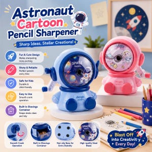 Astronaut Manual Pencil Sharpener, Cute Hand Crank Pencil Sharpener, Adjustable Point Sharpener, Space Desk Accessory, Back to School Gift