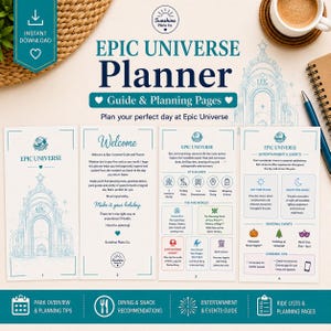 Pode incluir: Um planejador digital intitulado Epic Universe Planner com quatro páginas exibidas. As páginas apresentam texto, ícones e ilustrações de linhas da arquitetura do parque. O design usa um esquema de cores azul e branco com títulos como Welcome, At a Glance e Entertainment & Events.