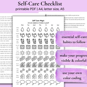 Könnte beinhalten: Eine druckbare Selbstpflege-Checkliste als PDF mit einem Raster aus Symbolen für tägliche Gewohnheiten wie Wassertrinken, Gemüseessen und Sport. Das Dokument enthält den Text Self-Care Checklist sowie violette Aquarellakzente.