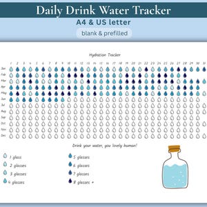 以下が含まれることがあります： Daily Drink Water Trackerの印刷用シート。各月と日の水滴アイコンのグリッドが特徴です。チャートには、グラスの数の凡例、「Hydration Tracker」、「Drink your water, you lovely human!」というテキスト、およびボトルのイラストが含まれています。