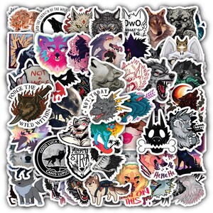 May include: A collection of assorted wolf-themed stickers featuring various artistic styles, including cartoon, realistic, and graphic illustrations. The stickers display wolves in different poses, colors, and expressions, with text such as Forge the Wild Within, Not a Wolf, Not Today, and Good Luck Canis Lupus.