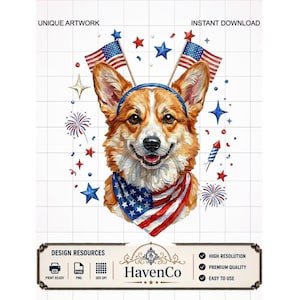 May include: A digital illustration of a Corgi dog wearing a blue headband and a red, white, and blue American flag bandana. The dog is surrounded by small American flags, red and blue stars, and firework icons on a white grid background.