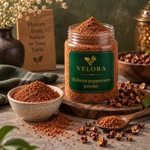 Può includere: Un barattolo di plastica trasparente riempito con polvere di pepe del Sichuan marrone, con un'etichetta verde scuro con il testo VELORA e Sichuan peppercorn powder. Una piccola ciotola in ceramica e un cucchiaio di legno contengono la polvere.