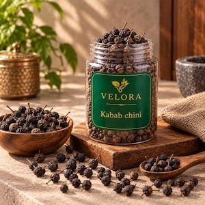 May include: A clear plastic jar filled with dark brown, round Kabab chini berries, featuring a green label with the text VELORA and Kabab chini. A wooden bowl and a wooden spoon also contain the berries, which are scattered on the surface.
