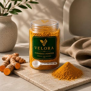 Op de afbeelding: Een doorzichtige plastic pot gevuld met felgeel kurkumapoeder, voorzien van een donkergroen etiket met de tekst VELORA TURMERIC POWDER ORGANIC AND NATURAL. Een kleine witte plastic maatlepel rust tegen de pot, naast verse kurkumawortels.