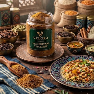 May include: A clear plastic jar filled with brown spice mix labelled Velora Veg Biryani Spice Mix, surrounded by small bowls of spices, a wooden scoop, and a plate of vegetable biryani on a dark wooden surface.