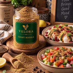 Può includere: Un barattolo di plastica trasparente riempito con polvere di spezie Velora Chart Masala marrone, con un'etichetta verde scuro e testo dorato. Il barattolo poggia su una superficie in legno accanto a un cucchiaio di legno e spezie.