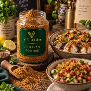 Peut inclure: Un pot en plastique transparent de poudre Velora Jeeravan avec une étiquette vert foncé, accompagné d'une cuillère en bois, d'un bol de dahi vada saupoudré d'épices et d'un bol de salade de légumes, le tout sur une surface en bois rustique.