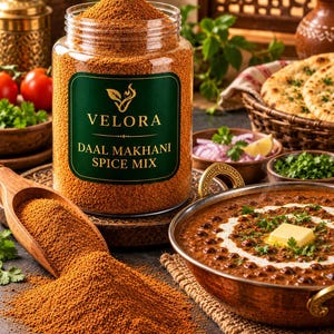 May include: A clear plastic jar filled with orange-brown Velora Daal Makhani Spice Mix, featuring a dark green label with gold text. A wooden scoop rests nearby with a pile of the spice, alongside a copper bowl of cooked daal with butter.