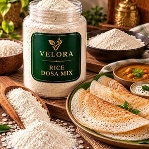 May include: A clear plastic jar filled with Velora Rice Dosa Mix, featuring a dark green label with gold text. Beside the jar, a wooden scoop holds the beige powder, while a plate displays golden-brown folded dosa crepes with dipping sauces.