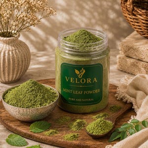 May include: A clear plastic jar filled with green mint leaf powder, featuring a dark green label with the text VELORA MINT LEAF POWDER PURE AND NATURAL. Beside it sits a small bowl and a wooden spoon, both containing the same green powder.