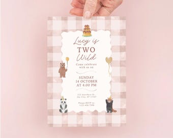 Two Wild Birthday Invitation | Pink Gingham Editable Template (Digital Download)