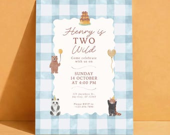 Two Wild Birthday Invitation | Blue Gingham Party Invite (Digital Download)