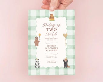 Two Wild Birthday Invitation | Green Gingham Editable Template (Digital Download)