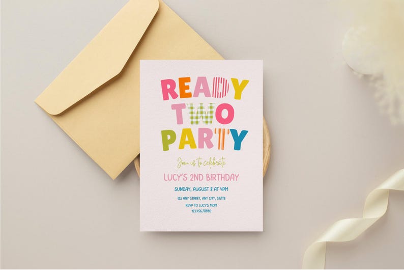 Colorful Birthday Invitation | Ready Two Party, Girls 2nd Birthday Invite (Digital Download) image 3