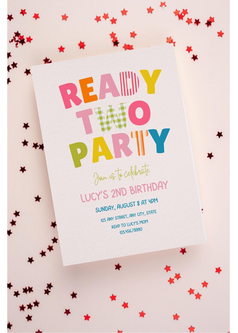 Colorful Birthday Invitation | Ready Two Party, Girls 2nd Birthday Invite (Digital Download) image 4