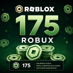 Peut inclure: Un graphique numérique présentant le logo Roblox et le texte 175 ROBUX en grande police verte. En dessous, des piles de pièces hexagonales vertes sont affichées. Un encadré noir en bas contient le texte 175 et Use Robux to buy items, customize your avatar, and unlock experiences!