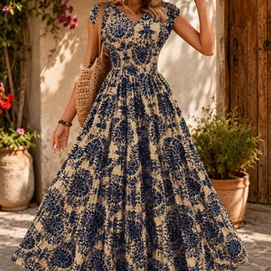 Robe Femme Vintage à Imprimé Floral - Élégante Robe Longue Rétro, Col V, Manches Courtes, Style Bohème Chic