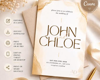 Elegant Gold Marble Wedding Invitation Template, Editable Canva Wedding Invite, Minimalist Digital Invitation