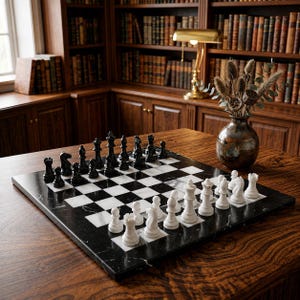 Handgefertigtes Schachset aus Marmor, Schachbrett aus schwarzem und weißem Stein, luxuriöses Couchtischspiel