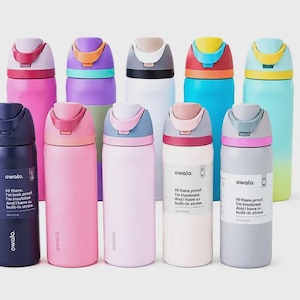 Op de afbeelding: Een collectie van tien ge&iuml;soleerde Owala-waterflessen in diverse kleuren, waaronder roze, blauw, wit en marineblauw. Elke fles heeft een klapdeksel met ingebouwd rietje en een label met een inhoud van 710 ml op de verpakking.