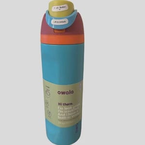 Op de afbeelding: Een meerkleurige Owala-waterfles met een blauwgroene behuizing, een oranje band en een kastanjebruin deksel met een lichtblauw vergrendelingsmechanisme en een gele drukknop. Het etiket bevat de tekst Owala, Hi there. I'm leak proof. I'm insulated. And I have a built-in straw. 24 oz/710ml.