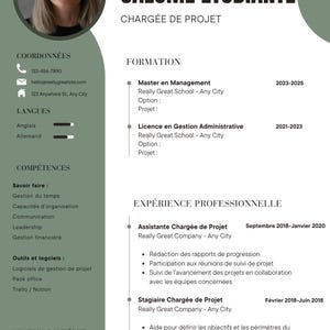 May include: A professional resume template featuring a sage green sidebar and white background. It includes a circular headshot, the name Salom&eacute; &Eacute;tudiante, job title Charg&eacute;e de Projet, and sections for contact details, education, skills, and work experience.