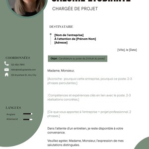 May include: A professional resume template featuring a sage green sidebar with contact details, language proficiency icons, and a circular headshot. The document includes placeholders for personal information, a cover letter, and the name Salom&eacute; &Eacute;tudiante.