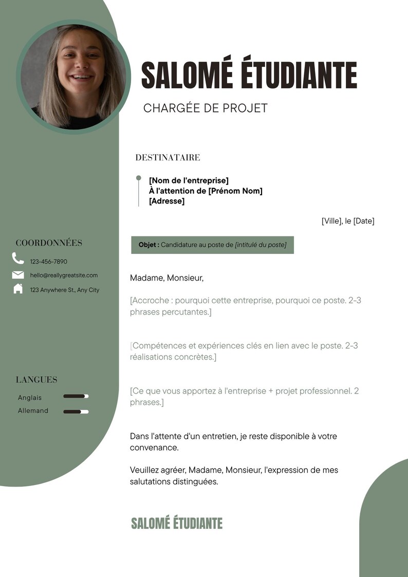 May include: A professional resume template featuring a sage green sidebar with contact details, language proficiency icons, and a circular headshot. The document includes placeholders for personal information, a cover letter, and the name Salom&eacute; &Eacute;tudiante.