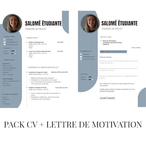 May include: A professional CV and cover letter template set featuring a blue and white layout with a circular headshot placeholder, contact details, education, experience, and skills sections, labelled as SALOMÉ ÉTUDIANTE, CHARGÉE DE PROJET.