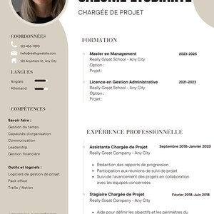 May include: A professional resume template featuring a circular headshot of a person at the top left, with the name SALOM&Eacute; &Eacute;TUDIANTE and the title CHARG&Eacute;E DE PROJET. The document includes sections for contact info, skills, education, and work experience.