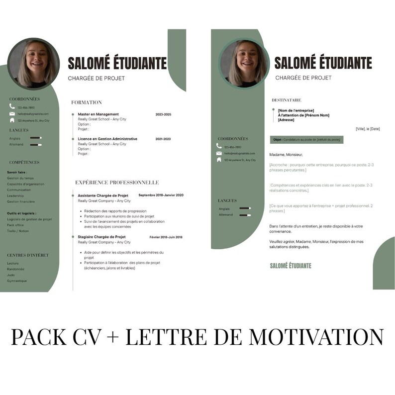 May include: A resume and cover letter template set featuring a sage green and white color scheme. The documents include sections for contact information, education, professional experience, and skills, with a circular photo placeholder.