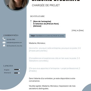 May include: A professional resume template featuring a blue and white layout with a circular headshot of a smiling person at the top left. The document includes sections for contact information, languages, and a formal cover letter structure.
