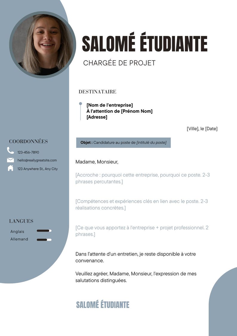 May include: A professional resume template featuring a blue and white layout with a circular headshot of a smiling person at the top left. The document includes sections for contact information, languages, and a formal cover letter structure.