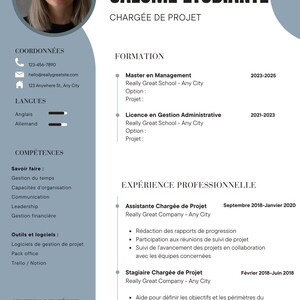 May include: A professional resume template featuring a circular headshot of a person at the top left, with the name SALOM&Eacute; &Eacute;TUDIANTE and the title CHARG&Eacute;E DE PROJET. The document includes sections for contact details, skills, education, and work experience.