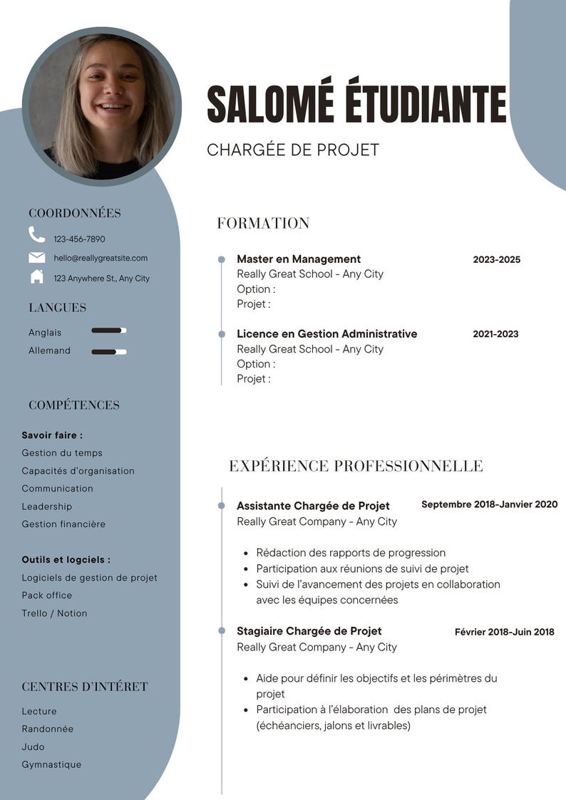 May include: A professional resume template featuring a circular headshot of a person at the top left, with the name SALOM&Eacute; &Eacute;TUDIANTE and the title CHARG&Eacute;E DE PROJET. The document includes sections for contact details, skills, education, and work experience.
