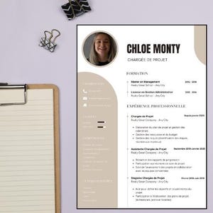 May include: A professional CV template featuring a circular headshot of a person, the name Chloe Monty, and the job title Chargée de Projet. The document includes sections for education, professional experience, skills, and interests in a beige and white layout.