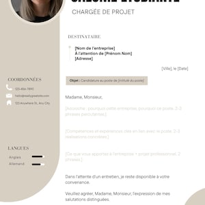 May include: A professional resume template featuring a circular headshot of a person, the name SALOM&Eacute; &Eacute;TUDIANTE, and the title CHARG&Eacute;E DE PROJET. The document includes sections for contact information, languages, and placeholders for a cover letter.