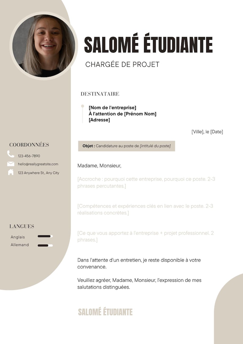 May include: A professional resume template featuring a circular headshot of a person, the name SALOM&Eacute; &Eacute;TUDIANTE, and the title CHARG&Eacute;E DE PROJET. The document includes sections for contact information, languages, and placeholders for a cover letter.