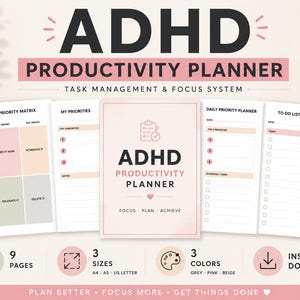 Può includere: Un set di modelli digitali ADHD Productivity Planner che include un elenco di attività, una matrice di priorità, un pianificatore giornaliero e pagine di cose da fare. Il design utilizza una tavolozza di colori tenui con testo nero.