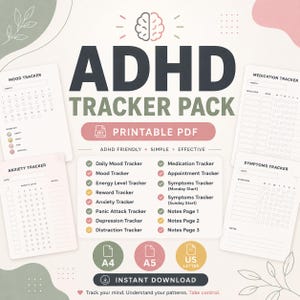 ADHD Tracker Pack Printable PDF, Habit Tracker for ADHD, Mood Tracker, Focus Tracker, Symptom Tracker, Neurodivergent Planner