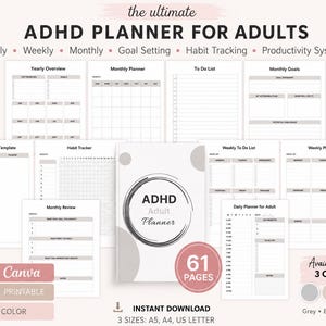 May include: A digital ADHD planner for adults featuring 61 pages with daily, weekly, and monthly templates, goal setting, and habit tracking. The set includes a cover page, brain dump, to-do lists, and review sheets in grey, beige, and pink colour options.