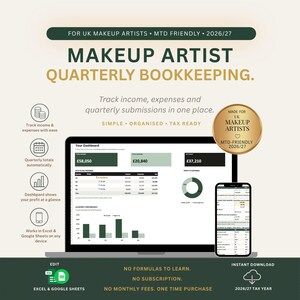 UK Makeup Artist Quarterly Bookkeeping Spreadsheet | MTD Income Expense Tracker (Excel Google Sheets)