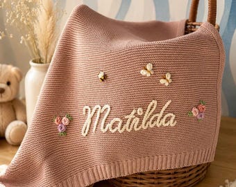 Personalized Baby Blanket, Hand Embroidered Name Blanket, 100% Cotton Knitted Baby Blanket, Newborn Baby Shower Gift