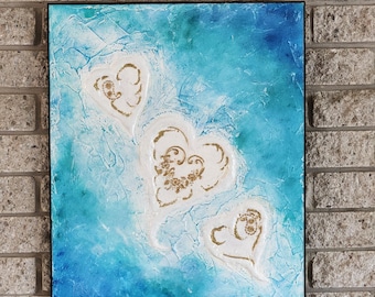 Tableau Abstrait Relief 16x20 | Peinture Cœurs Or Turquoise | Toile Plâtre Texture 3D | Écoresponsable MDF Réutilisé Prêt à Accrocher